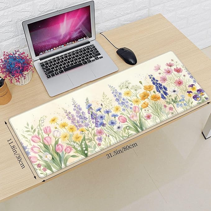 Watercolor Flowers Gaming Mouse Pad Extended Desk Mat 31.5x11.8in | Gaming Mousepad, Non-Slip Rubber Base, Large Keyboard Pad with Stitched Edges, Desktop Protector, for Office Home
