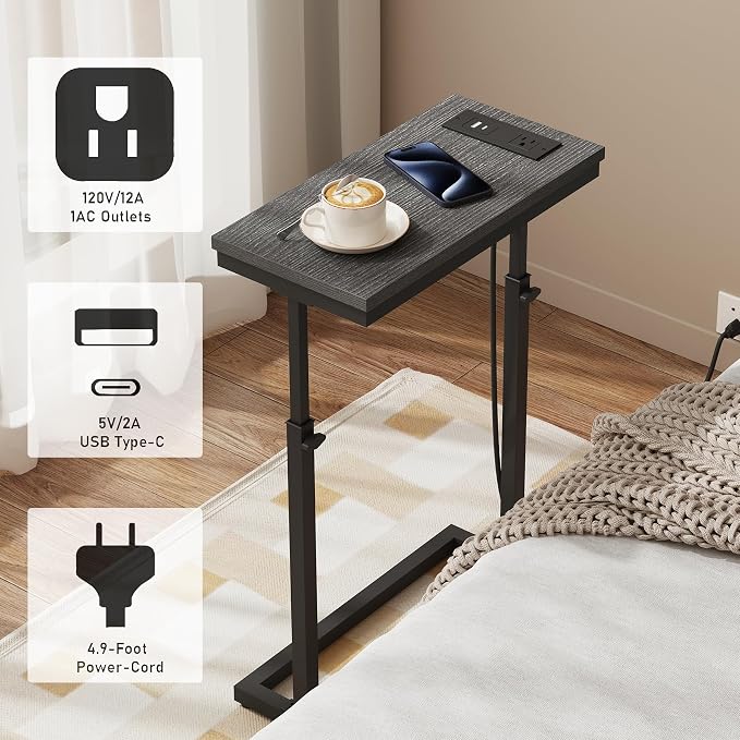 TUTOTAK End Table with Charging Station, Side Table, Tall Couch Table | Sofa Table, for living Room, Bedroom, Black TB01BK084