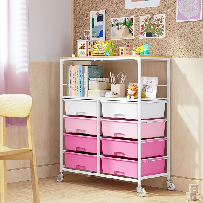 Rolling Storage Cart with 8 Large Drawers, Wooden Tabletop | Open Storage Shelves, Mobile Craft Organizer with Lockable Wheels for Home, Classroom, Office Supplies & Art Studio,Pink