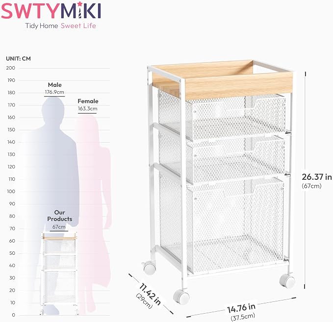SWTYMIKI Rolling File Cart with Drawers - 4 Tier Under Desk Storage Craft Rolling Organizer Cart - Office Storage &Organization, Mobile Metal Filing Cabinet for Office and Home White