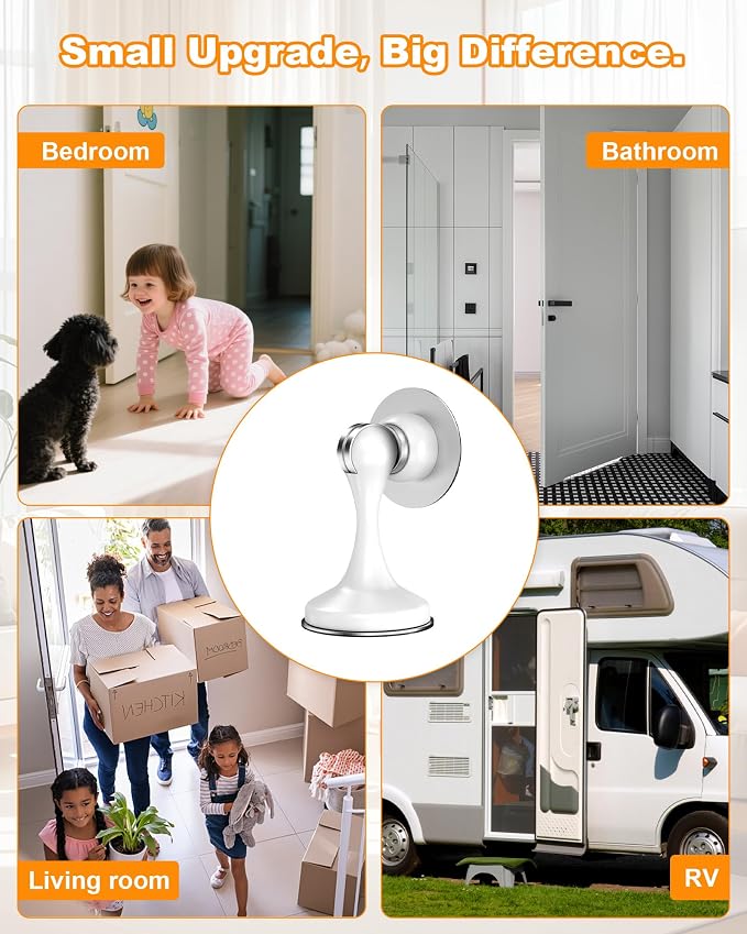 Crosize Magnetic Door Stoppers 8 Pack, Stainless Steel Door Stops for Wall and Floor Mounting, Door Holder Keep Door Open, No Drilling Door Stop with 3D Adhesive Tapes, White