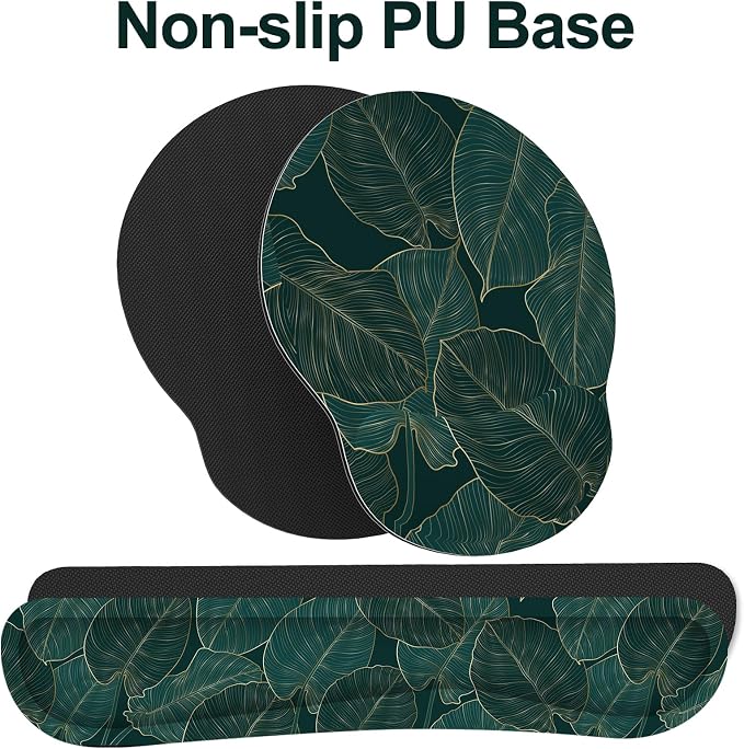 Ergonomic Mouse Pad with Wrist Rest and Keyboard Wrist Rest, Mousepad | Memory Foam Wrist Rest for Computer Keyboard, Pain Relief, Non-Slip Base, Mouse Pad Wrist Support for Gaming, Green Palm Leaf