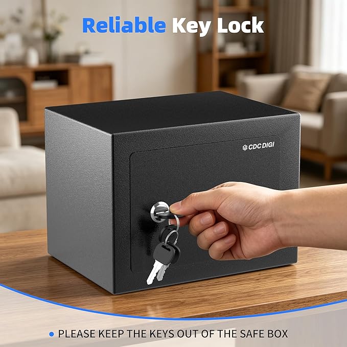 CDC DIGI Steel Security Safe Box with Key Lock,Safe Box for Home, Office, Money, Jewelry, Documents and Valuables, 0.23 Cubic Feet, 9.06" W x 6.69" D x 6.69" H, Black