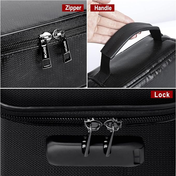ENGPOW Small Fireproof Storage Organizer Case with Lock, 9”x 5.3”x 3.7” | Money Safe Wallet Carrying Bag with Multi-Pocket, Portable Home Travel for Cash,Card,Passport,Coin,Check,Bill,Soft Box,Black
