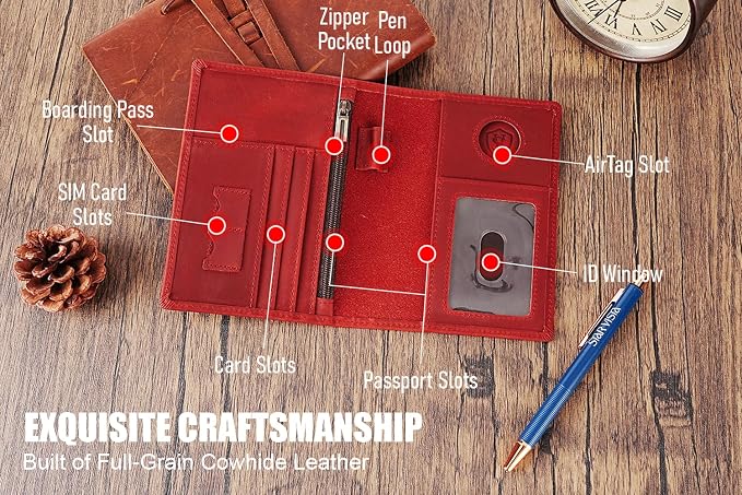 STAR VISTA Phoenix Leather Passport Holder, Full Grain Leather Travel Wallet - Slim, Bifold, RFID Blocking, ID Window, Coin Pocket, Card Slots, SIM Slots, AirTag Holder, Red
