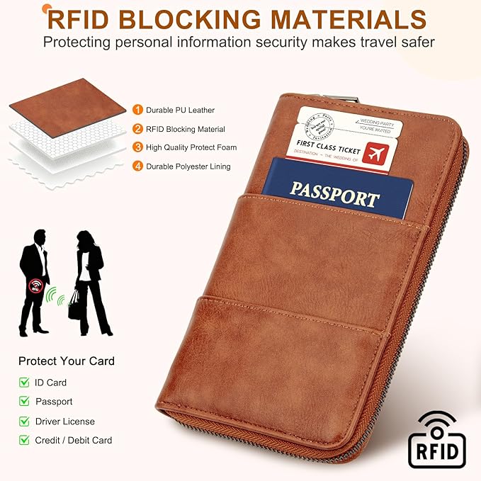 RFID Family Passport Holder Wallet - Travel Document Organizer | PU Leather, with Wristlet, Zipper, Cards, Boarding Pass, ID, Cash, Ticket Pockets,Travel Essentials Gifts for Women Men