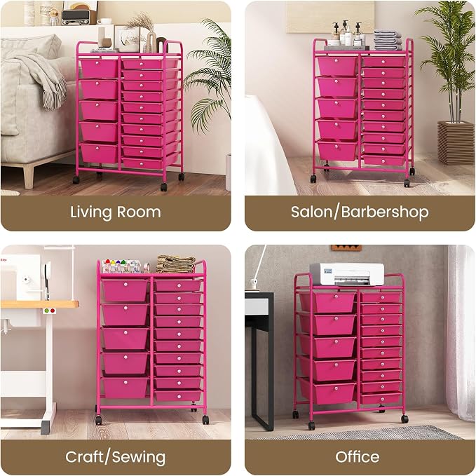 COSTWAY 15 Drawer Rolling Storage Cart, Mobile Storage Organizer | Removable Drawers & Metal Frame, Multipurpose Utility Tools Paper Organizer on Wheels for Home, Office (Hot Pink)