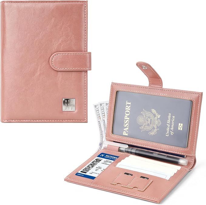 Veki Passport Holder for Travel, RFID Blocking Passport Cover, Pink | Passport Wallet, RFID Blocking, PU Leather, Durable Passport Case with Card Holder, Pen Slot, Travel Essentials for Women Men