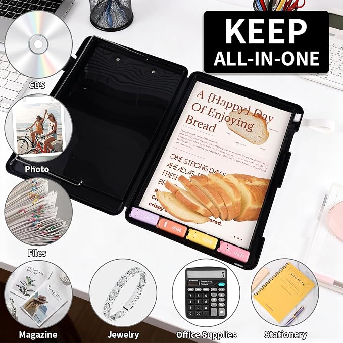 Letter Size Paper Organizer Box, A4 File Portable Project Case, Plastic Scrapbook Paper Organizer Storage with Latch & Suspension Hole & Stickers Nursing Clip Board(B-black-1pcs)
