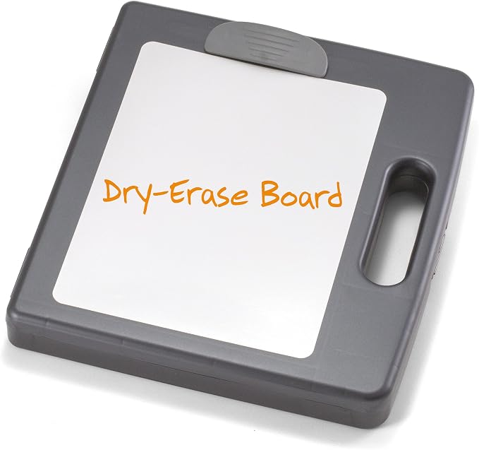 Officemate Clipboard Box with Dry Erase Board, 12 x 13-Inches, Storage Compartments and Carry Handle, Letter and A4 Document Organizer with Front Clip, Charcoal