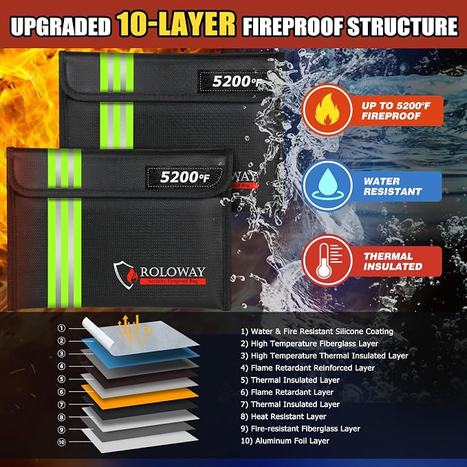 Fireproof Bag (9.6 x 6.6 inches) 5200℉ Heat Insulated with Reflective Strip, Fireproof Money Bag with Zipper for Cash (2-Pack Black)