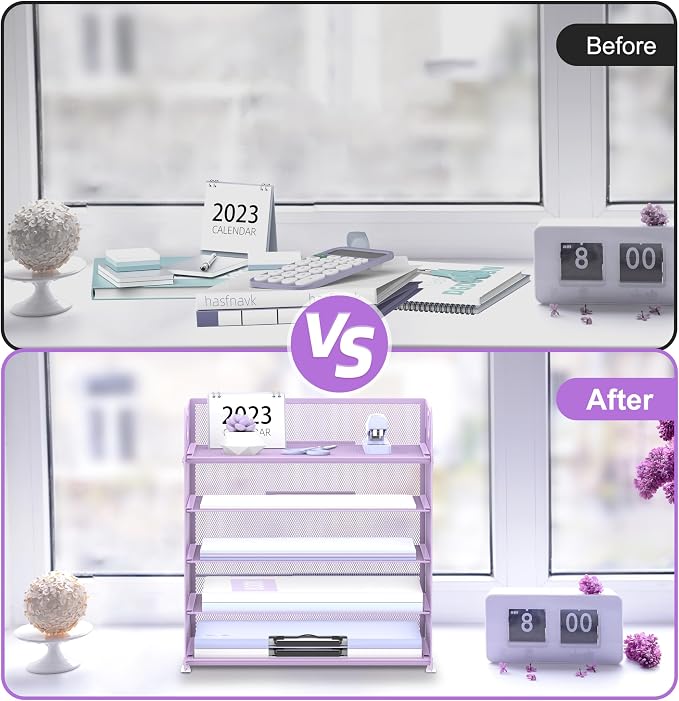 5 Trays Paper Organizer Letter Tray with Handle-Mesh Desk File Holders, Paper Sorter Desk Organizer for Office, Home, Classeoom or School, Purple