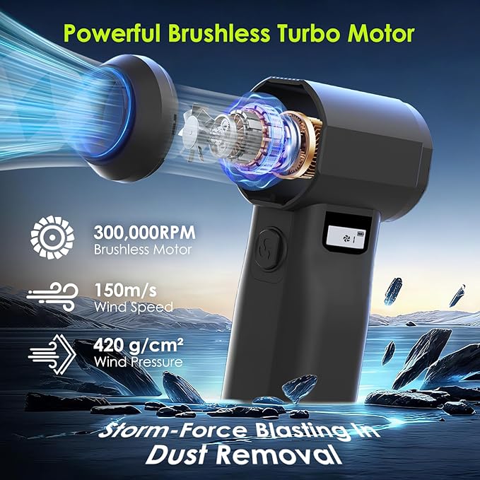 Electric Compressed Air Duster, 300,000RPM Cordless Air Blower for Dust Removal, Duster/Vacuum 2-in-1 with 10 Speeds, 20000mAh Rechargeable & 5 Nozzles Dust Blower for PC, Keyboard, Car, Outdoor