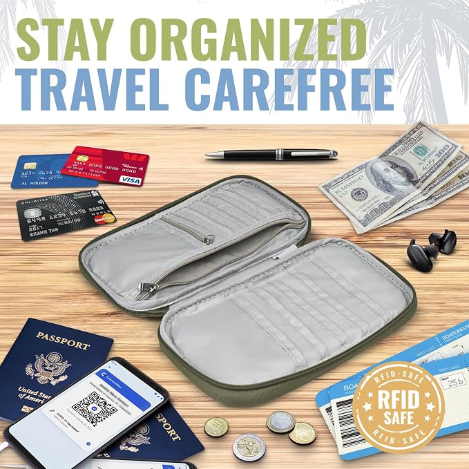 Travel Document Organizer with RFID, Family Passport Holder, Wallet for Women & Men, Portable & Waterproof Case for Cards, Boarding Pass, Money