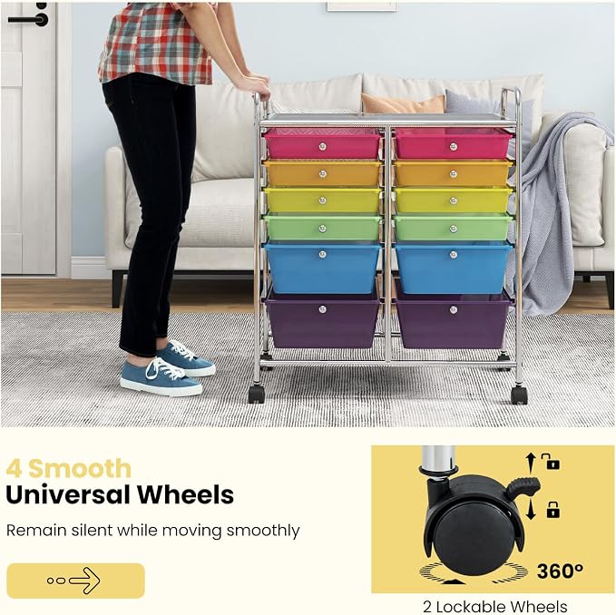 12 Drawer Rolling Storage Cart, Craft Cart Organizer on Wheels w/Metal Frame, Large Capacity & Smooth Drawer, Rolling Cart w/Drawers for Classroom, Office