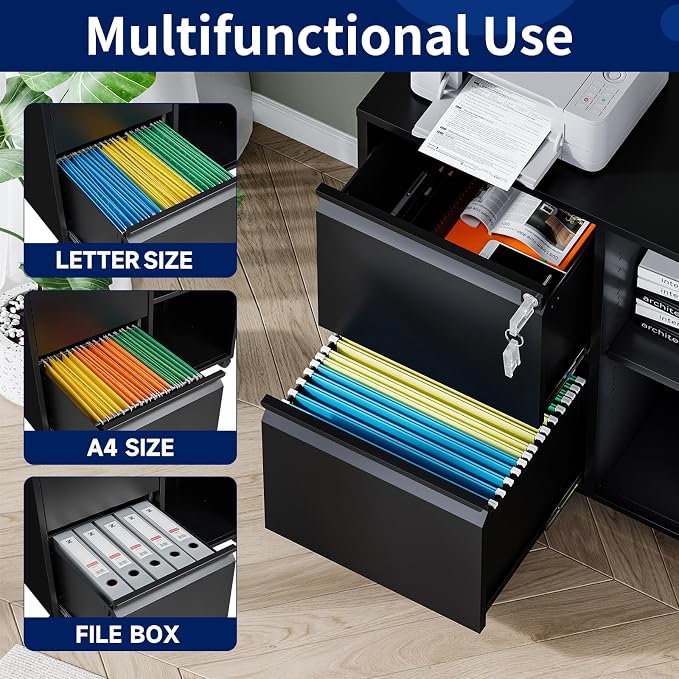 2-Drawer Metal File Cabinet with Lock, Mobile Lateral Filing Cabinet, Printer Stand with Adjustable Storage Shelves for Home Office (Black)