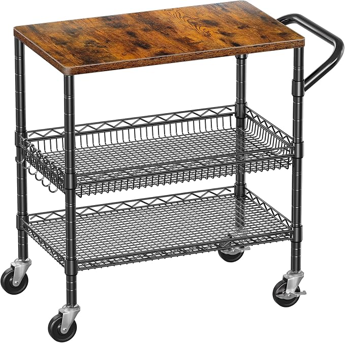 3 Tier Rolling Carts with Wheels, Heavy Duty Rolling Utility Cart with Wood Tabletop, Commercial Grade Metal Cart with Handle and Hooks, NSF Storage Serving Carts for Kitchen Island, Wood+Metal