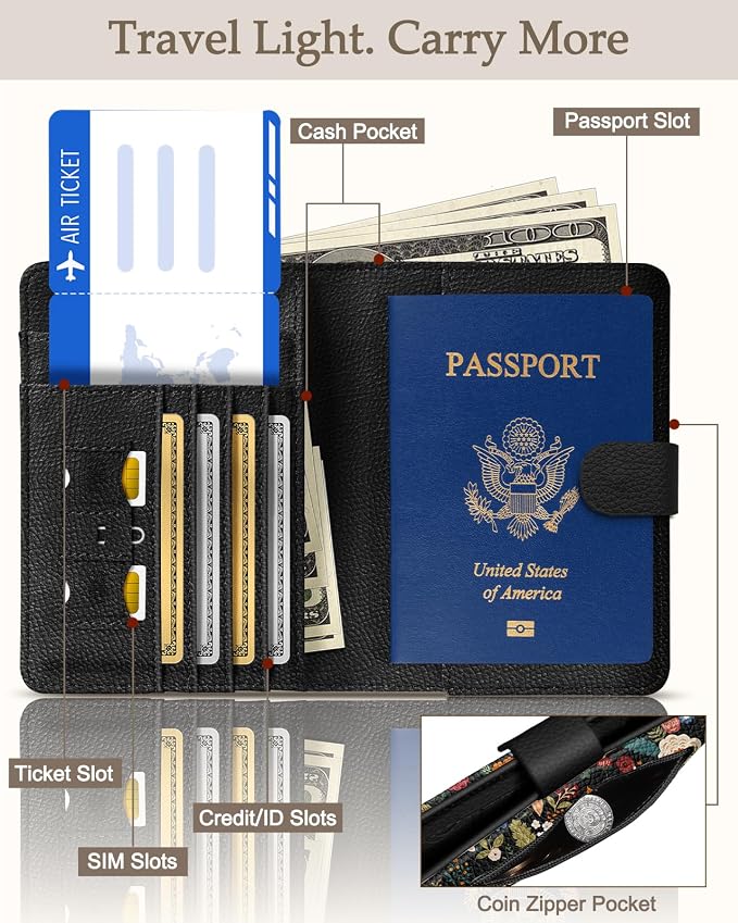 Slohif Airtag Passport Holder Cover Wallet Case for Travel Women - Leather RFID Blocking Passport Book Multiple Personalized Organizer Slim Portable Carrier Card Slots Protector Sleeve Stamp