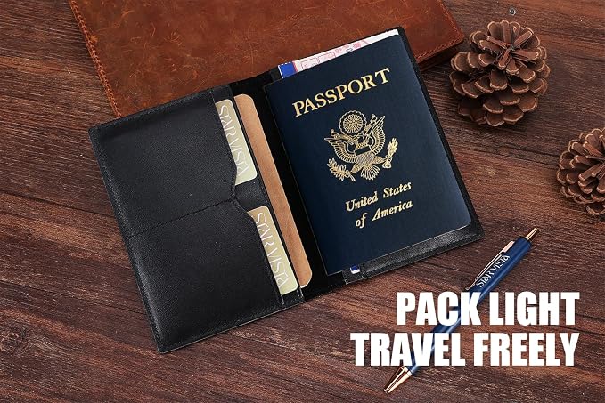 STAR VISTA Albatross Leather Travel Passport Holder, Minimalist Design, Calfskin Leather Case for Women and Men - Slim Passport Wallet, Bifold, RFID Blocking, with AirTag Holder, Black