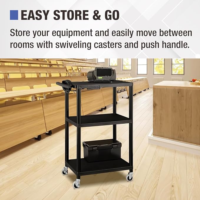 Norwood Commercial Furniture Mobile Utility AV Cart with Power Strip and Casters, Rolling Presentation and Media Cart on Wheels, Black