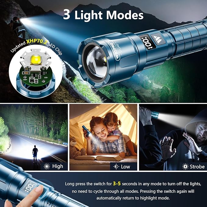 WdtPro LED Rechargeable Flashlight 2 Pack, 3 Modes Super Bright High Lumens Flashlights, Zoomable Tactical Flash Light with LCD Display, IP65 Waterproof Flashlights for Home Emergency Camping - Blue
