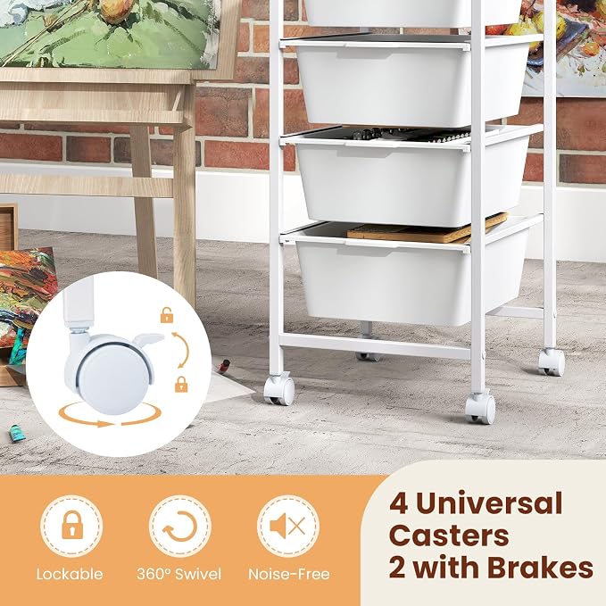 Giantex Rolling Storage Cart with 4 Drawers, Utility Cart w/Wooden Tabletop, Lockable Wheels, Multipurpose Organizer for Art Craft Scrapbook Paper, Drawer Carts for Dorm Classroom Office, White