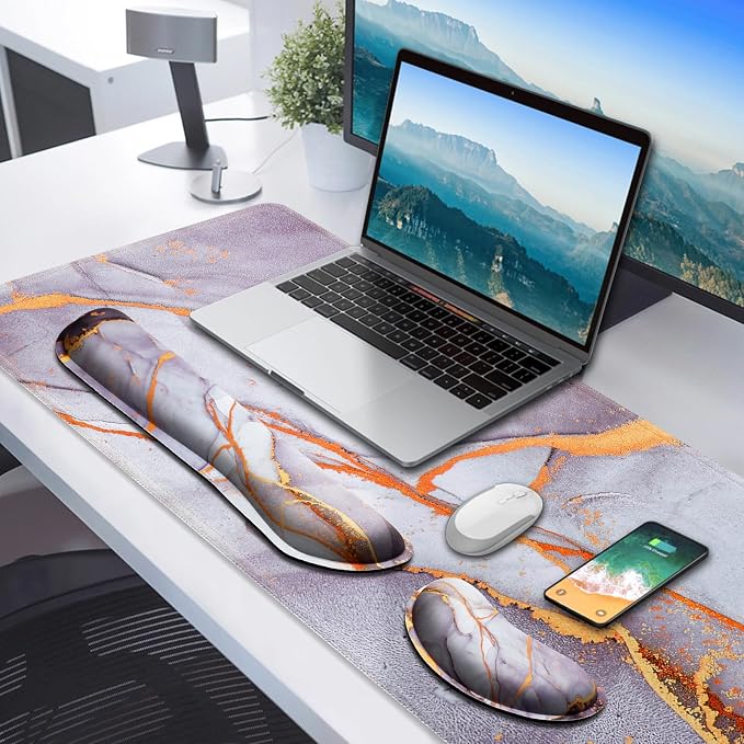 Gimars 4 in 1 Mouse Pad and Keyboard Wrist Rest Set, Large Mouse Pad with Memory Foam Wrist Support Pad for Desk with Coaster, Easy Typing Pain Relief, Gaming Office Home, 31.5x12 inch, Gray Golden