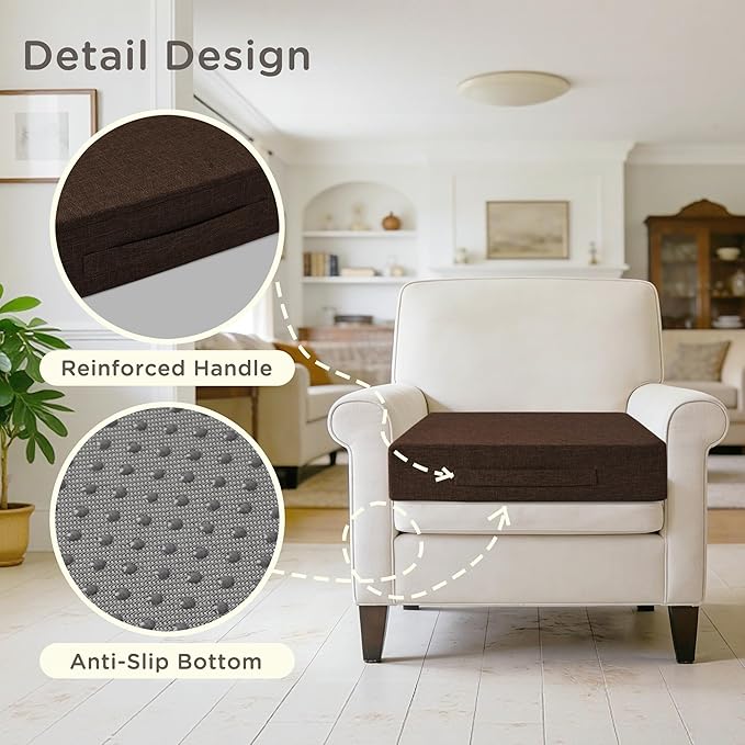 Recliner Cushions for Elderly 20x20x4 Inch Thick Large Recliner Seat Cushion with a Handle Square Non Slip Chair Pads with Washable Cover for Couch Armchair Chairs Brown