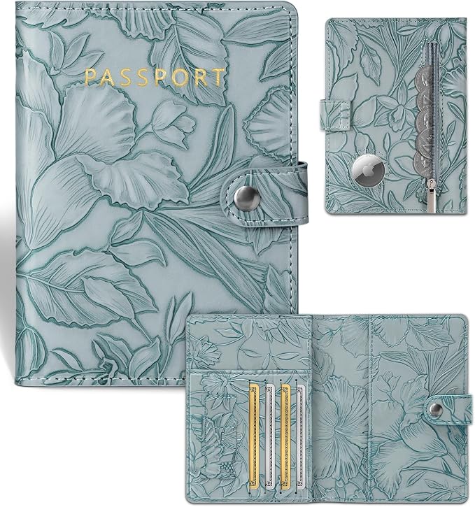 Slohif Elegant RFID Passport Holder for Travel with AirTag Dusty Blue | Floral Embossed Passport Wallet for Women, Slim Vegan Leather Travel Organizer with Money Pocket and Card Slots