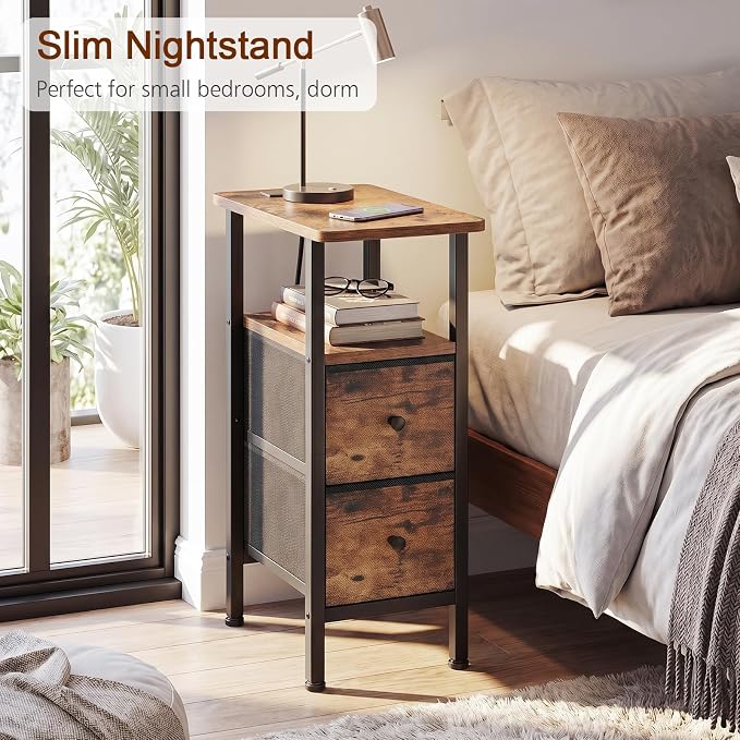 Narrow End Table with Charging Station, Small Nightstand | Skinny Side Tables Living Room with 2 Fabric Drawers, Slim Bedside Table for Bedroom, Small Spaces, Couch, Brown