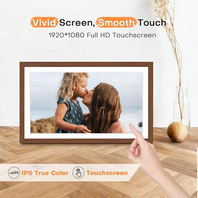 Digital Picture Frame, 15.6 Inch Frameo Digital Frame WiFi, 1920 * 1080 IPS FHD Touchscreen, 32GB, Tabletop&Wall-Mounted, Share Picture Video, Large Electric Photo Frame, Mom Gifts, Teak Woodgrain