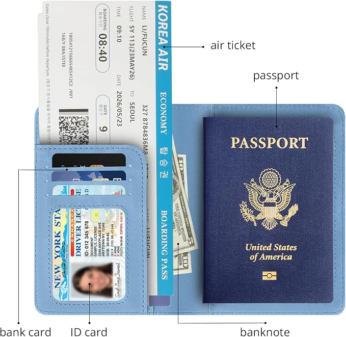 Passport Holder for Travel Essentials,RFID Blocking Passport Cover Wallet Card Case for Women and Men (Blue)