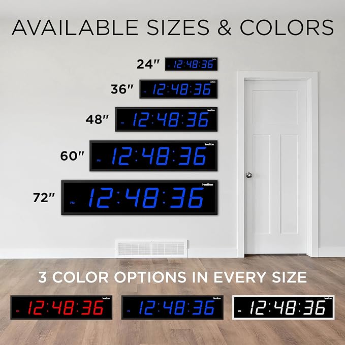 Ivation Huge Oversized 60" Large Digital LED Clock | Big Digital Clock w/Multi-Function Display – Stopwatch, Timer, Alarms, Temp & Date | 6 Brightness Levels, Time Memory & Remote (Blue)