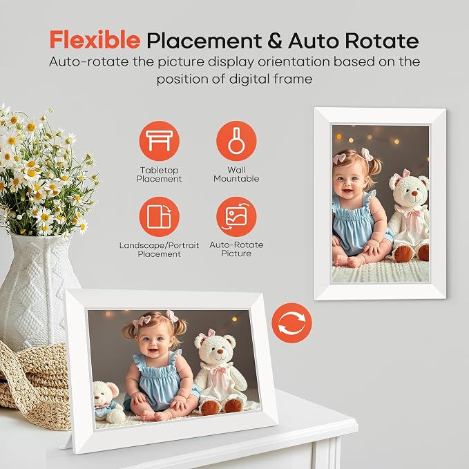 Miroir 10.1 Inch WiFi Digital Photo Frame via Frameo App, 1280x800 HD IPS Touch Screen Electric Picture Frame Display, 32GB Storage, Auto-Rotate, Wall Mountable, Share Photos/Videos Instantly