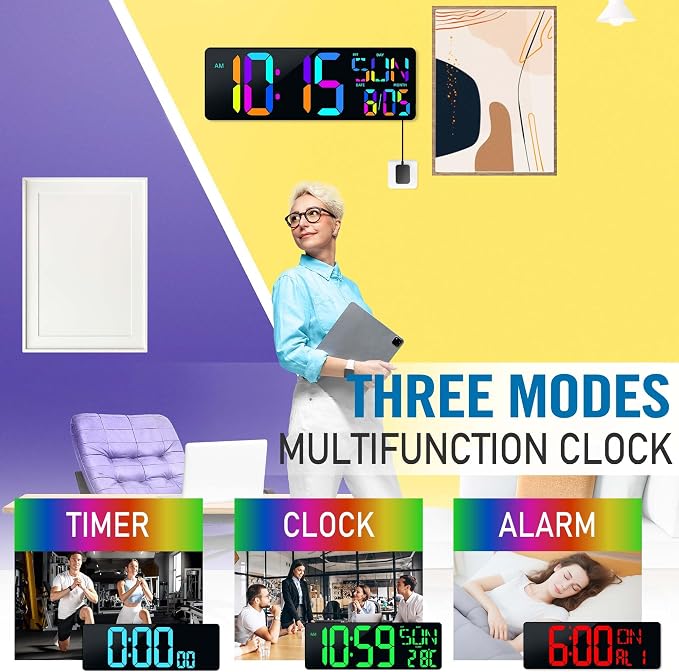 TXL16.5 Digital Wall Clock Large Display, LED Wall Clock RGB Color Changing, Count Up/Down Timer Clock with Remote Control, Adjustable Brightness Alarm Clock for Home, Office, Gym, Elderly, Auto DST