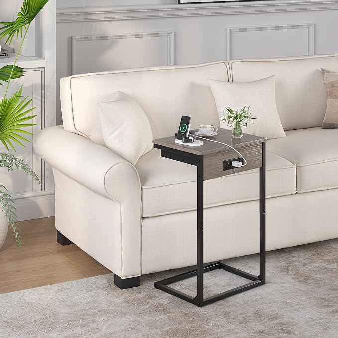 sthmec C Shaped End Table with Charging Station,45° Tiltable Adjustable Flip Top Side Table Set of 2,Small C Table Set 2 for Small Spaces,Slide Under Couch Sofa Bedside Table Living Room,Grey
