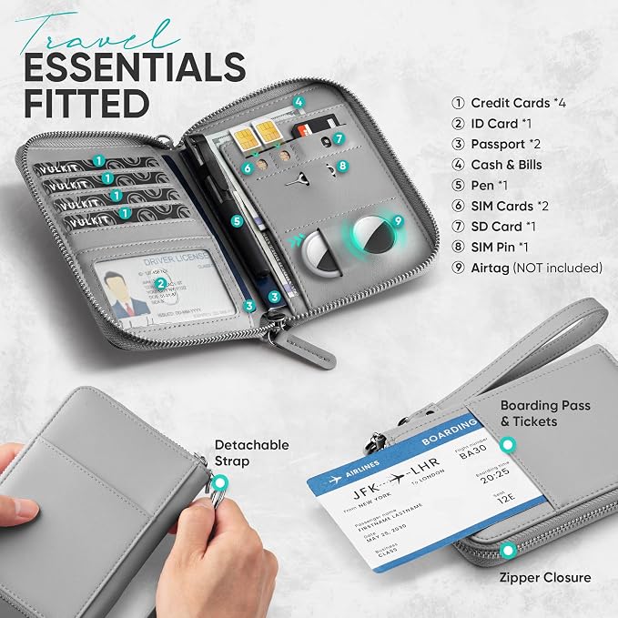 VULKIT Passport Holder for Travel with Airtag Slot RFID Blocking | Premium Nappa Leather Zipper Closure with Wrist Strap Travel Document Organizer for Passport Tickets Cash Cards Sim Cards