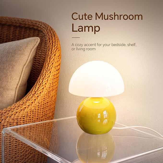 Mushroom Lamp Table Lamp for Bedroom-Small Desk Table Lamps,Yellow | 8.7" Mid Century Modern Table Lamps for Living Room Bedroom Decor,Cute Ceramic Lamps for Mushroom Home Room Decor,Glass Shade