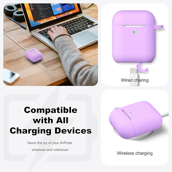 R-fun for AirPods 1/2 Case, Soft Silicone Protective Cover with Keychain and Cleaning Pen, Compatible with AirPods 2nd/1st Generation (2016/2019), Full Drop Protection Cover, Lavender
