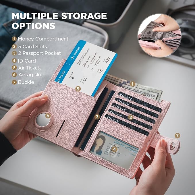 VULKIT Dual Leather Passport Wallet with Airtag Holder Slim Double Passport Holder RFID Blocking Passport Travel Wallet for Women or Men
