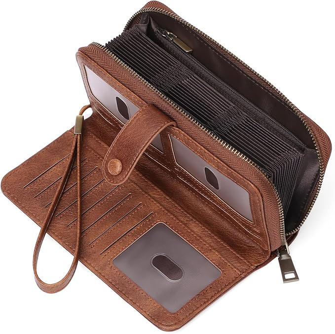 GAEKEAO Leather Credit Card Holder Wallet for Women RFID Blocking Large Capacity Bifold Zipper Card Case Organizer with Wristlet 45 Slots