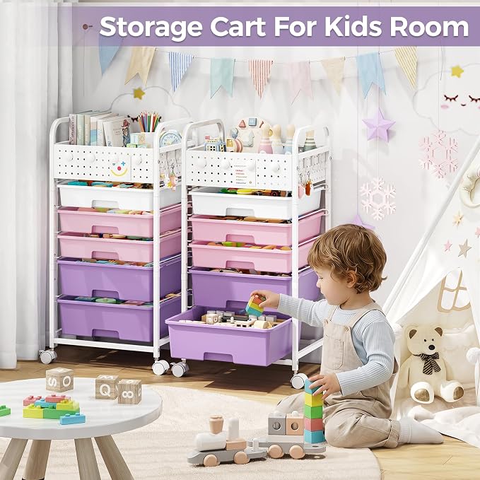 5 Drawer Rolling Storage Cart with Pegboard Top and Hooks, Dreamy Color | Mobile Organizer Cart with Wheels for Office Supplies, Craft Storage, Classroom Organization, Home Utility Cart