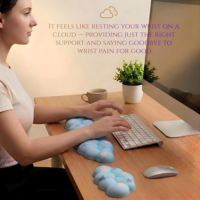 Cloud Wrist Rest Set for Keyboard & Mouse, 16.9", Blue Colorful Star | Memory Foam Arm Rest with Ergonomic Support Fits Full Keyboards and Reduces Typing Fatigue for Office, Gaming and Home Use