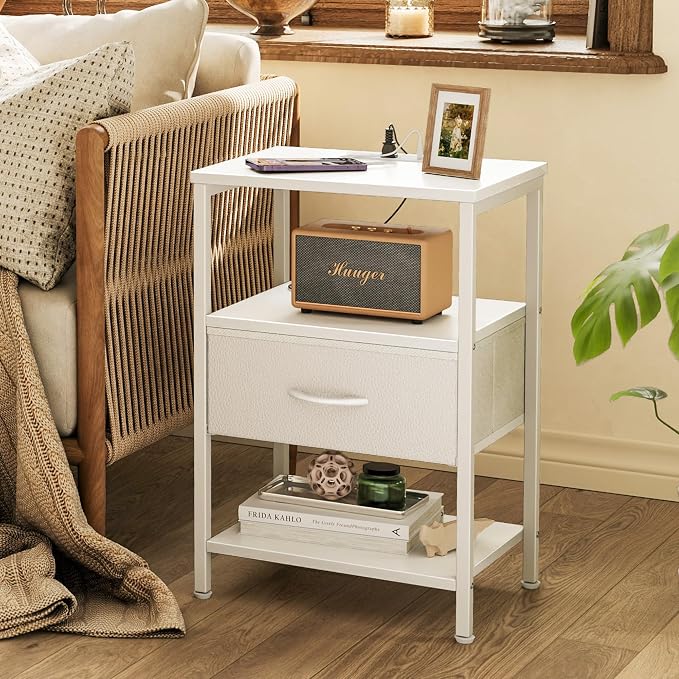 SUPERJARE Nightstand Set of 2 with Charging Station, USB-C Port, End Tables | Night Stand for Bedroom, with Adjustable Fabric Drawer, 3-Tier Storage Bedside Tables for Living Room, White
