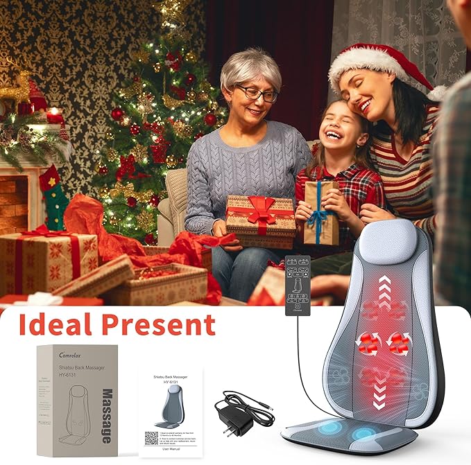 Shiatu Back Massager with Heat & Cooling, Kneading Rolling Vibration Chair Massager for Deep Tissue Pain Relief, Massage Chair Pad for Home & Office