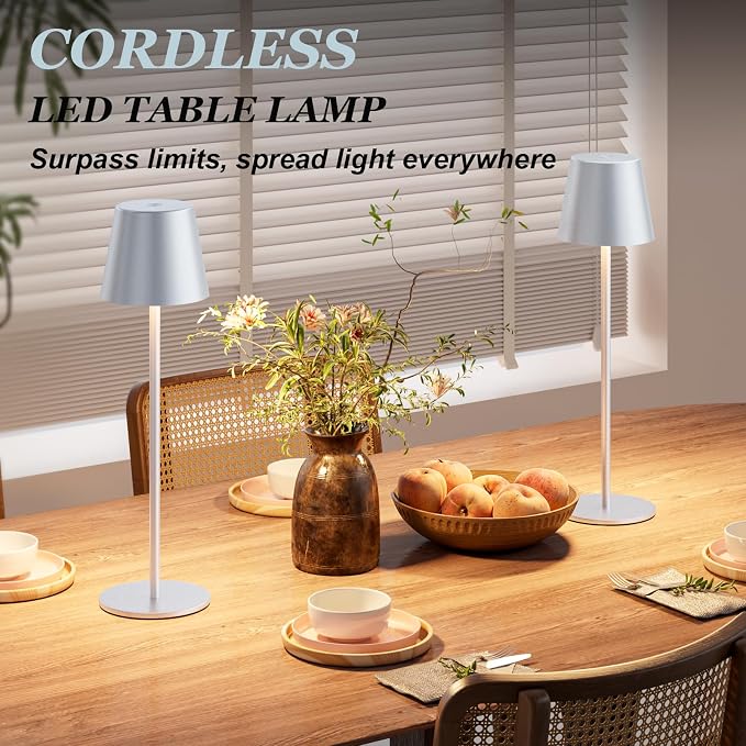 Kakanuo Silver Grey Cordless Lamp Rechargeable - 2 Pack 5000mAH Battery Operated Table Lamp for Counter, 3 Color Stepless Dimming Wireless Lamp for Dining Kitchen, Outdoor Patio, Touch Control