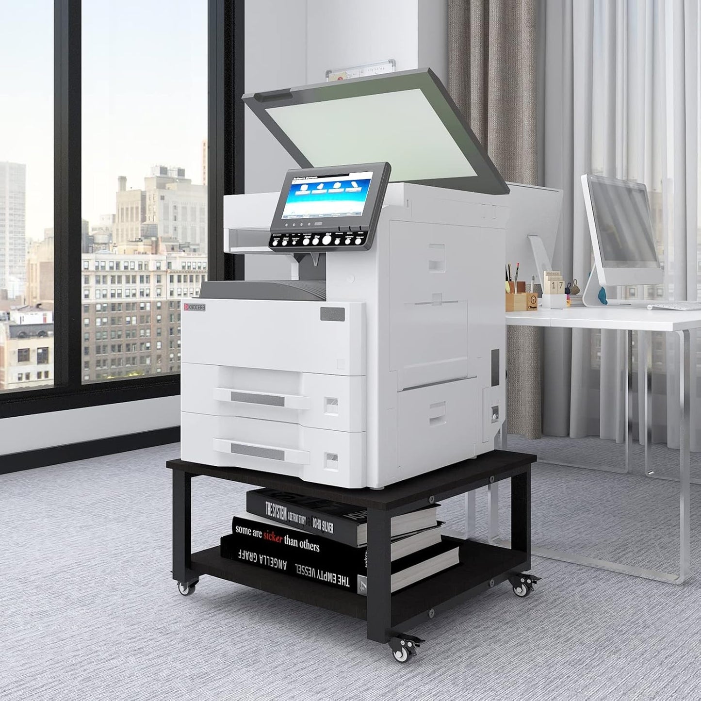 Natwind 2 Tier Laser Printer Stand,23.6''x23.6'' Large Printer Table,Copier Stand with Wheels, Heavy Duty Rolling Printer Cart with Paper Storage Shelf for Home Office (Black)