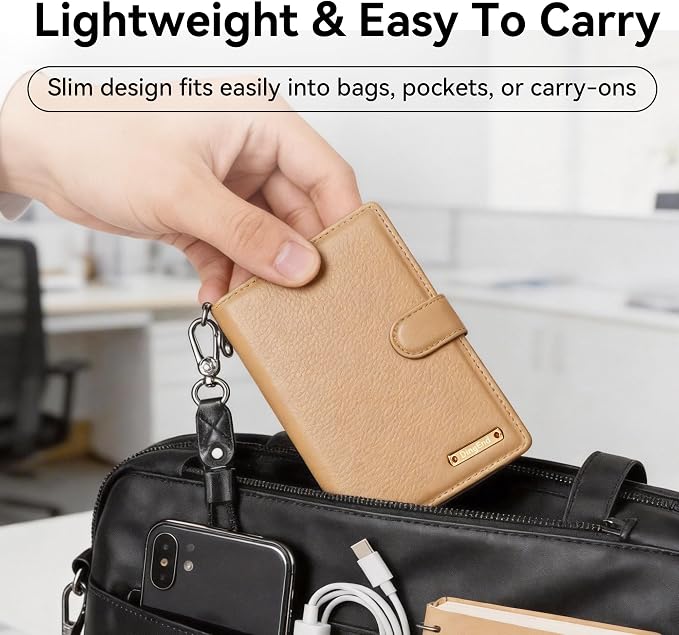 Trackable Passport Holder for Travel, RFID Blocking Wallet, Brown | Rechargeable PU leather cover works with Apple Find My and is Apple MFi certified; it includes card storage and a lanyard.