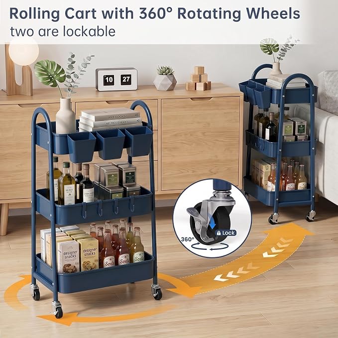 3-Tier Rolling Cart, Utility Cart Mobile Metal Rolling Storage Cart with Lockable Wheels & Hanging Cups & Hooks for Kitchen, Bathroom, Office, Workshop, Dark Blue