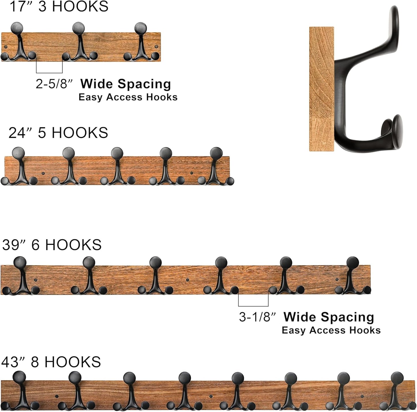 SKOLOO 24-Inch Wood Burnt Coat Rack Wall Mount with 5 Triple Hooks - Ideal for Family Entrances, Classrooms, and Pet Supplies Storage - Perfect Coat Hooks for Wall, Pack of 2